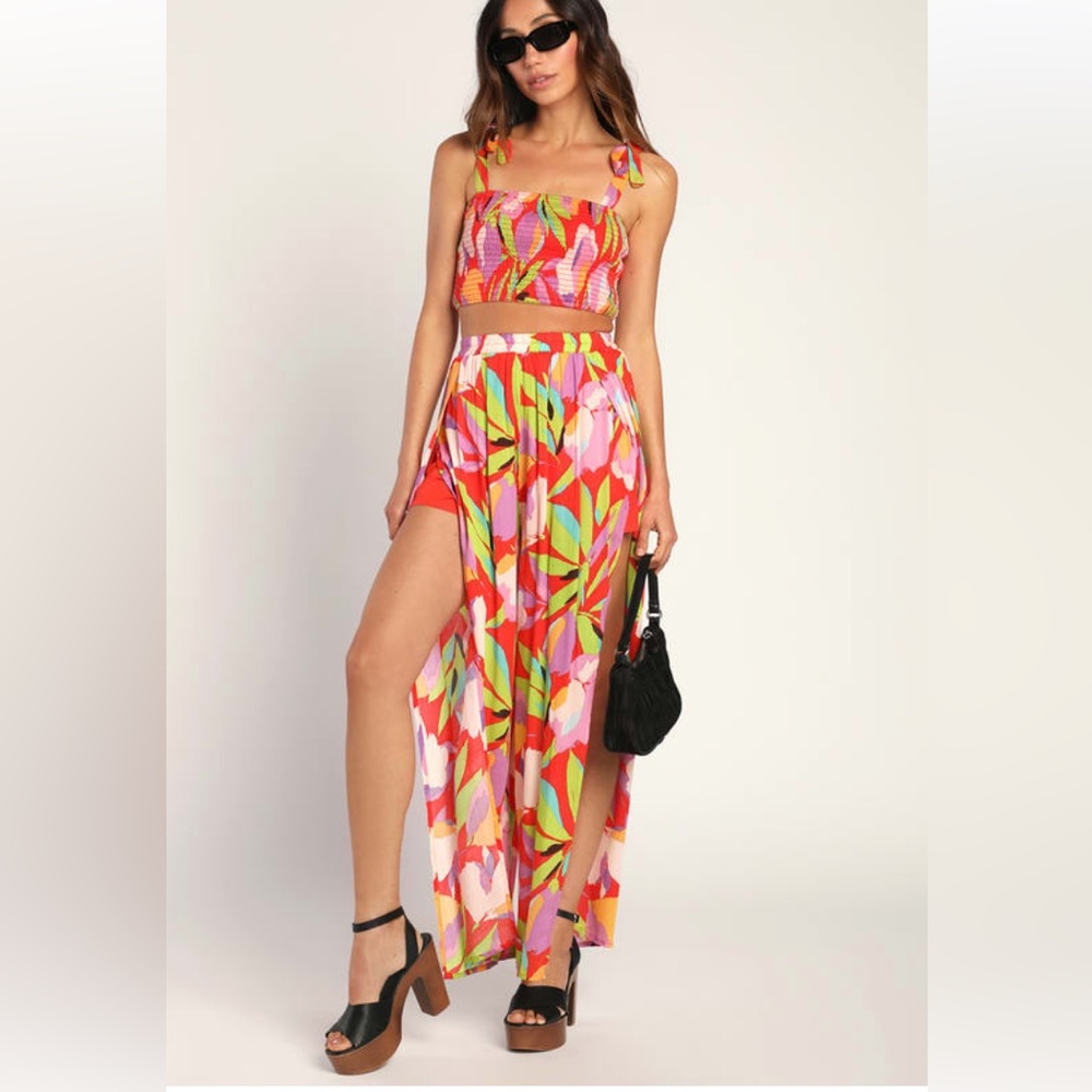 Lulu’s Shades of Summer Red Multi Print Flyaway Wide-Leg Pants